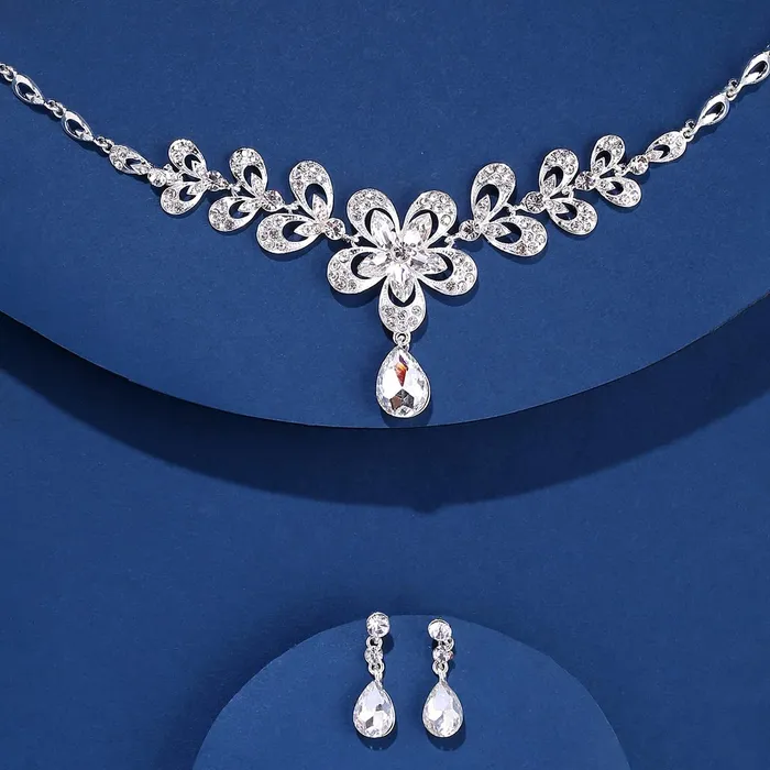 Yellow Chimes Rings Yellow Chimes Jewellery Set For Women Silver Toned Floral Designed Crystal Necklace Set For Women and Girls