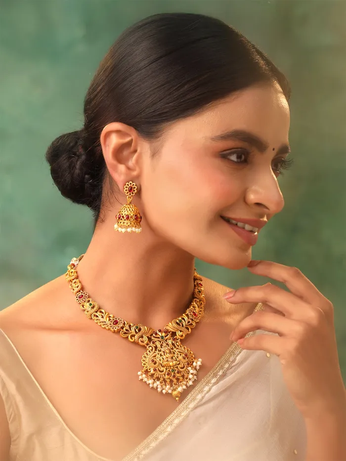 Yellow Chimes Rings Yellow Chimes Necklace Set for Women And Girls Traditional Jewellery Set for Women GoldPlated Temple Necklace Set StoneStudded Necklace Set For Women Girls