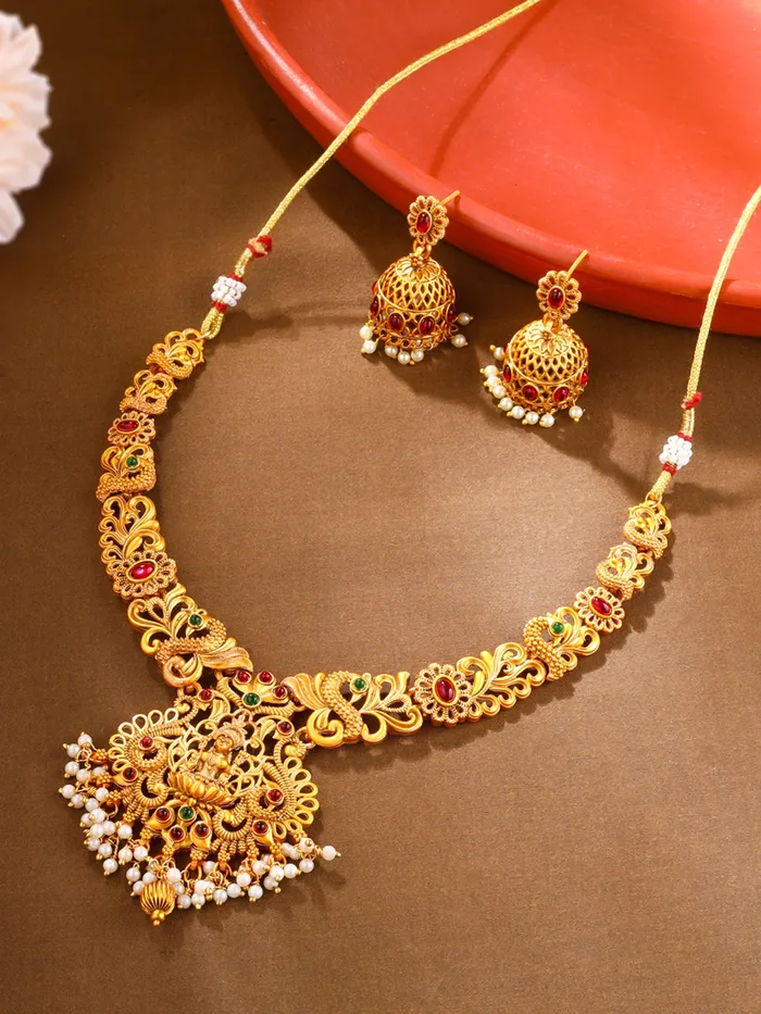 Yellow Chimes Rings Yellow Chimes Necklace Set for Women And Girls Traditional Jewellery Set for Women GoldPlated Temple Necklace Set StoneStudded Necklace Set For Women Girls