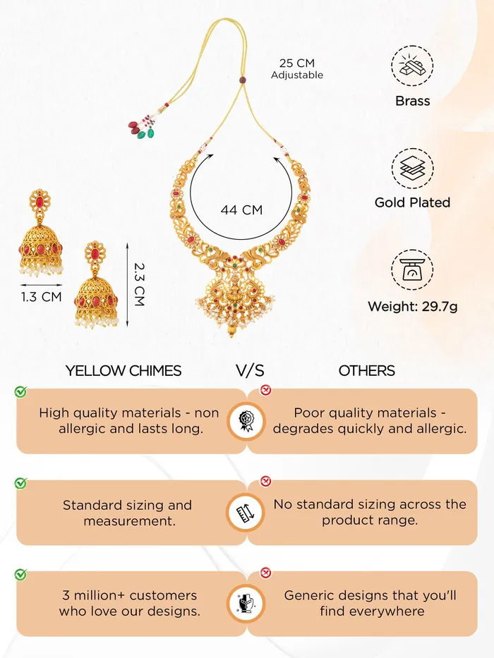 Yellow Chimes Rings Yellow Chimes Necklace Set for Women And Girls Traditional Jewellery Set for Women GoldPlated Temple Necklace Set StoneStudded Necklace Set For Women Girls