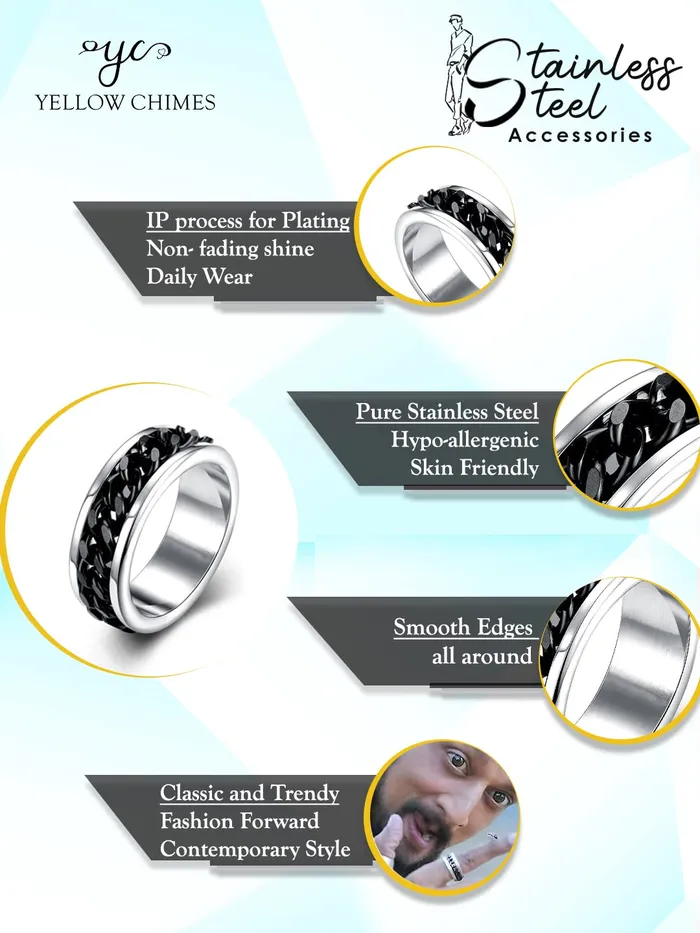 Yellow Chimes Silver Black Rings For Men Pack of 1 Stainless Steel Men Ring Chained Design Silver Finger Ring for Boys Ideal Gift For Men and Boys Yellow Chimes Necklaces