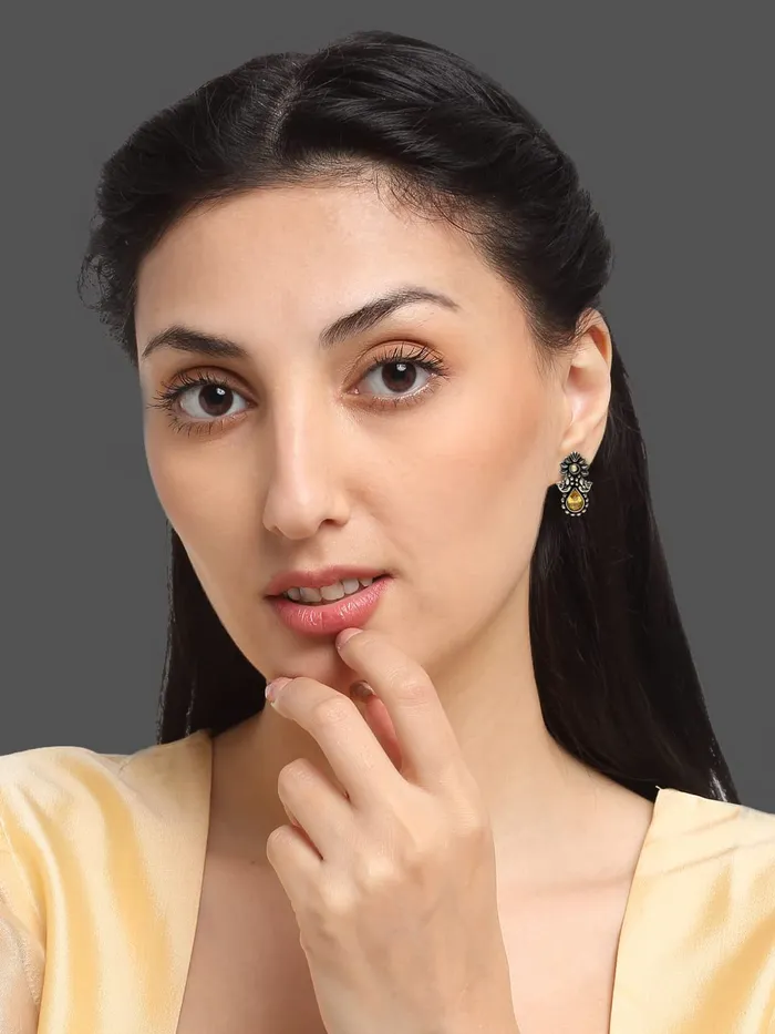 Yellow Chimes Silver Oxidised Stud Earrings For Women Yellow StoneStudded Kolhapuri Stud Earrings For Women Girls Yellow Chimes Necklaces