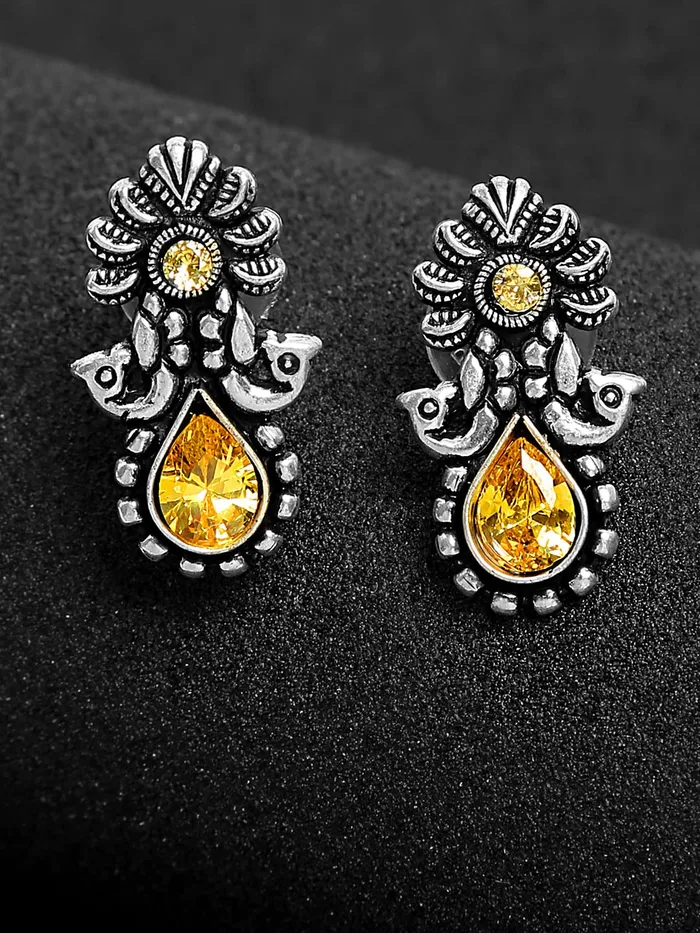 Yellow Chimes Silver Oxidised Stud Earrings For Women Yellow StoneStudded Kolhapuri Stud Earrings For Women Girls Yellow Chimes Necklaces