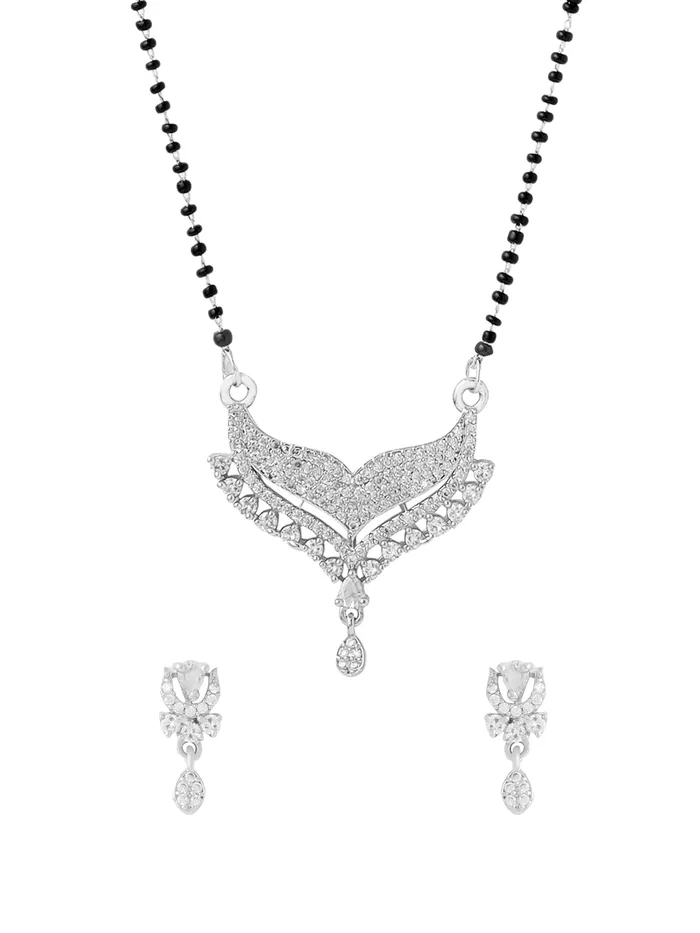 Yellow Chimes Silver Plated AD Mangalsutra Set Elegant Traditional Design Black Beads Chain 42 cm Silver Necklaces Yellow Chimes Silver Plated AD Mangalsutra Set Elegant Traditional Design Black Beads Chain 42 cm Silver Necklaces