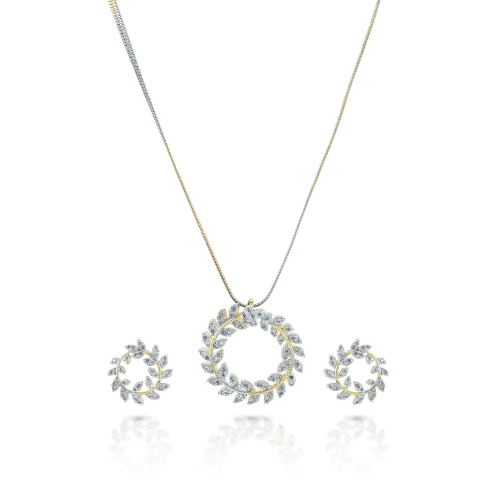 Yellow Chimes Sparkling ADAmerican Diamond Latest Fashion Circle Leaf Shaped Dual Tone Jewellery Pendant Set with Earrings For Women Girls Yellow Chimes PreStyled Sets Yellow Chimes Sparkling ADAmerican Diamond Latest Fashion Circle Leaf Shaped Dual Tone Jewellery Pendant Set with Earrings For Women Girls Yellow Chimes PreStyled Sets