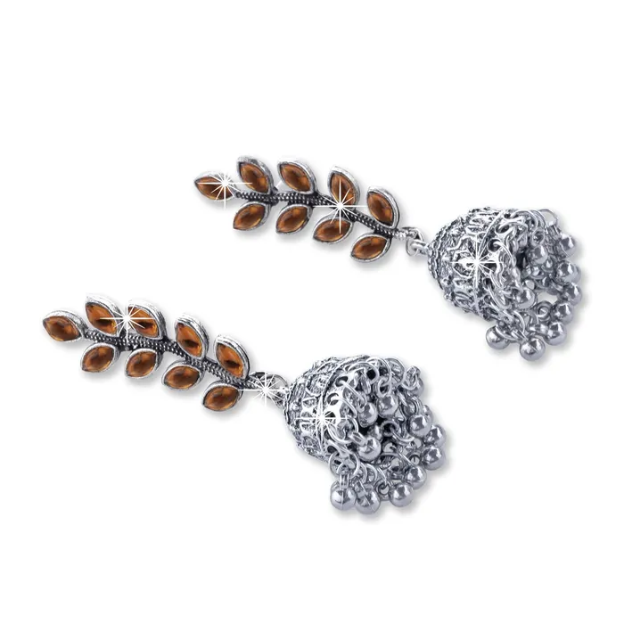 Yellow Chimes Stylish Leaf Wine Silver Oxidized Traditional Jhumka Earrings for Women and Girls Orange Yellow Chimes Necklaces