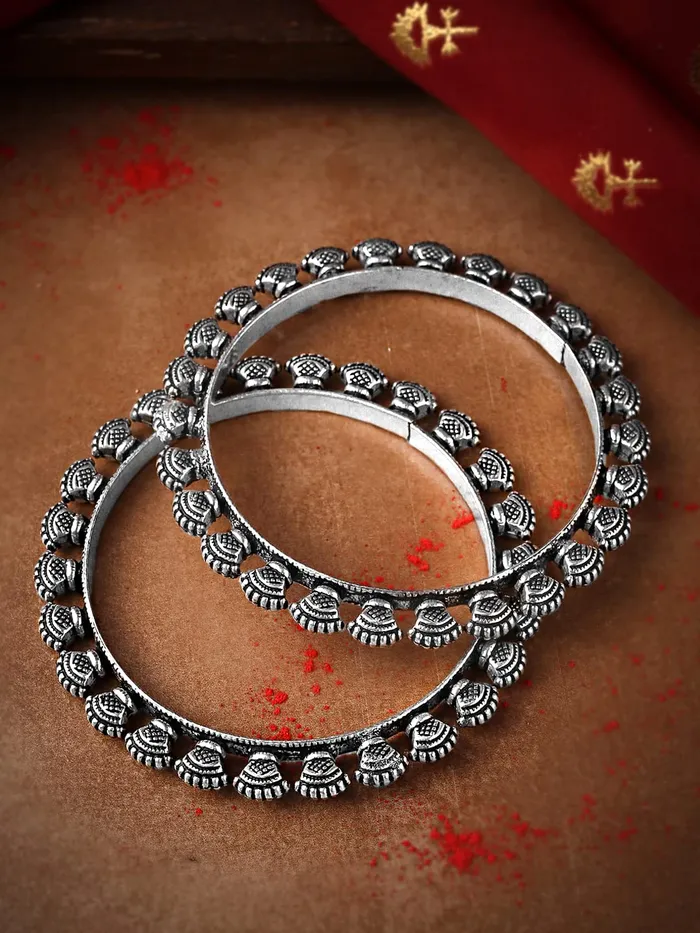 Yellow Chimes Womens Bracelets Oxidised Silver set of 2 Kolhapuri Bangles Shell Design Bangles For Women Girls Yellow Chimes Earrings