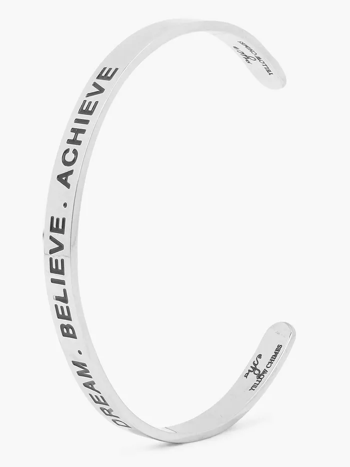 Yellow Chimes Yellow Chimes Bracelet for Unisex Dream Believe Achieve Inspirational Gifts Message Engraved Mirror Polish Stainless Steel Unisex Karma Band Kada Bracelet for Men and Women Earrings