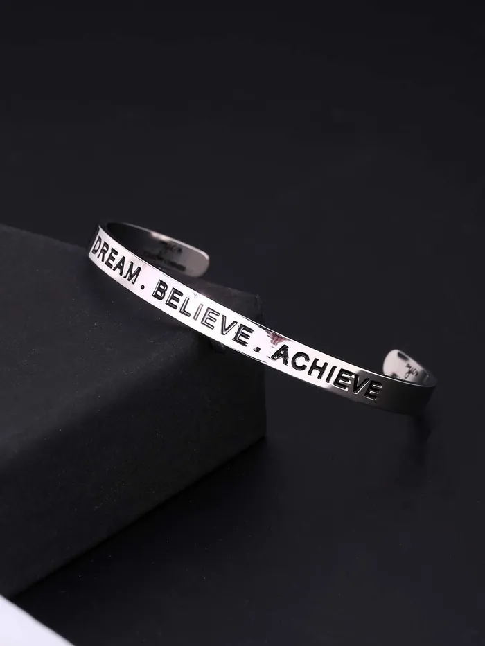 Yellow Chimes Yellow Chimes Bracelet for Unisex Dream Believe Achieve Inspirational Gifts Message Engraved Mirror Polish Stainless Steel Unisex Karma Band Kada Bracelet for Men and Women Earrings