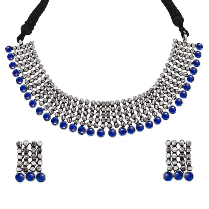 Yellow Chimes Yellow Chimes Classic German Silver Oxidised Jewellery Set Designer HandCrafted Traditional Choker Necklace Set for Women Girls Blue Necklaces Yellow Chimes Yellow Chimes Classic German Silver Oxidised Jewellery Set Designer HandCrafted Traditional Choker Necklace Set for Women Girls Blue Necklaces