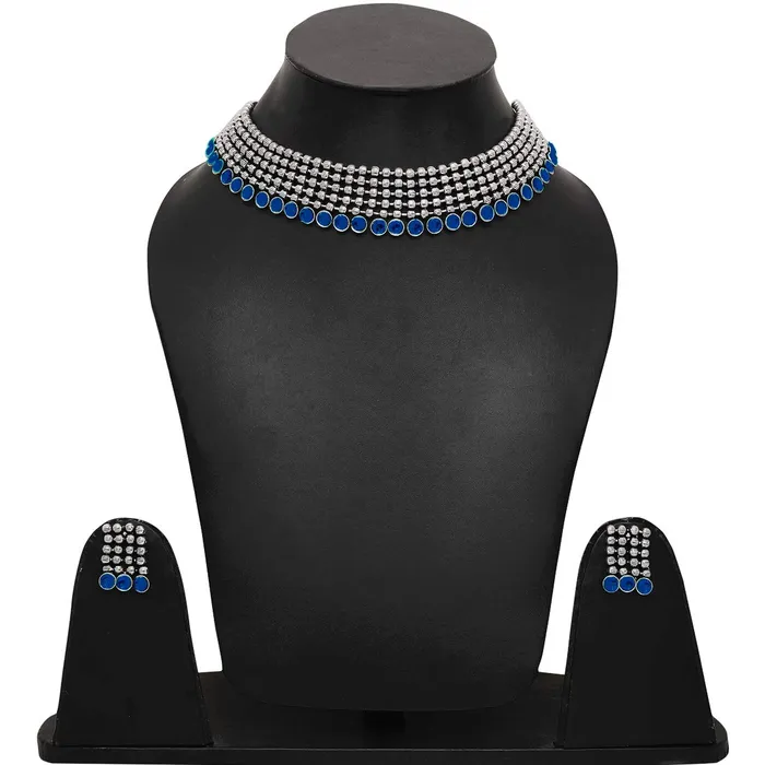 Yellow Chimes Yellow Chimes Classic German Silver Oxidised Jewellery Set Designer HandCrafted Traditional Choker Necklace Set for Women Girls Blue Necklaces