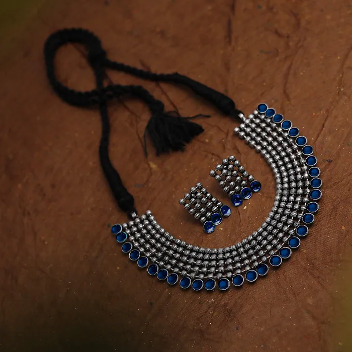 Yellow Chimes Yellow Chimes Classic German Silver Oxidised Jewellery Set Designer HandCrafted Traditional Choker Necklace Set for Women Girls Blue Necklaces