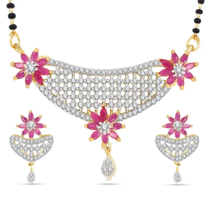 Yellow Chimes Yellow Chimes Classic Pink ADAmerican Diamond Studded Black Beads Designer Floral Mangalsutra Set with Earrings for Women Bracelets Yellow Chimes Yellow Chimes Classic Pink ADAmerican Diamond Studded Black Beads Designer Floral Mangalsutra Set with Earrings for Women Bracelets