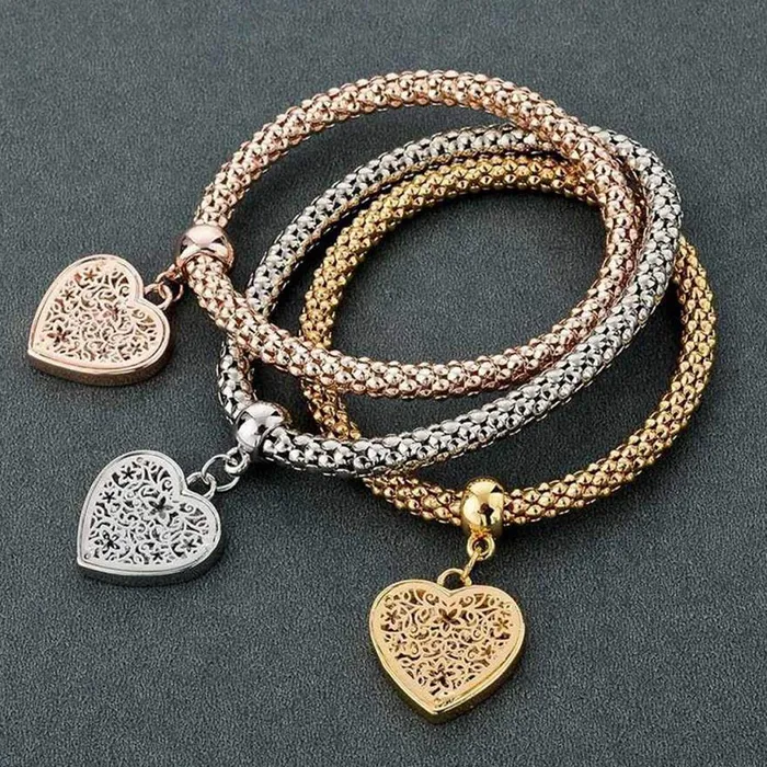 Yellow Chimes Yellow Chimes Combo of 3 Pcs Stylish Exclusive Heart Shape Rodium Platinum Plated Stretchable Charm Bracelet for Women Earrings