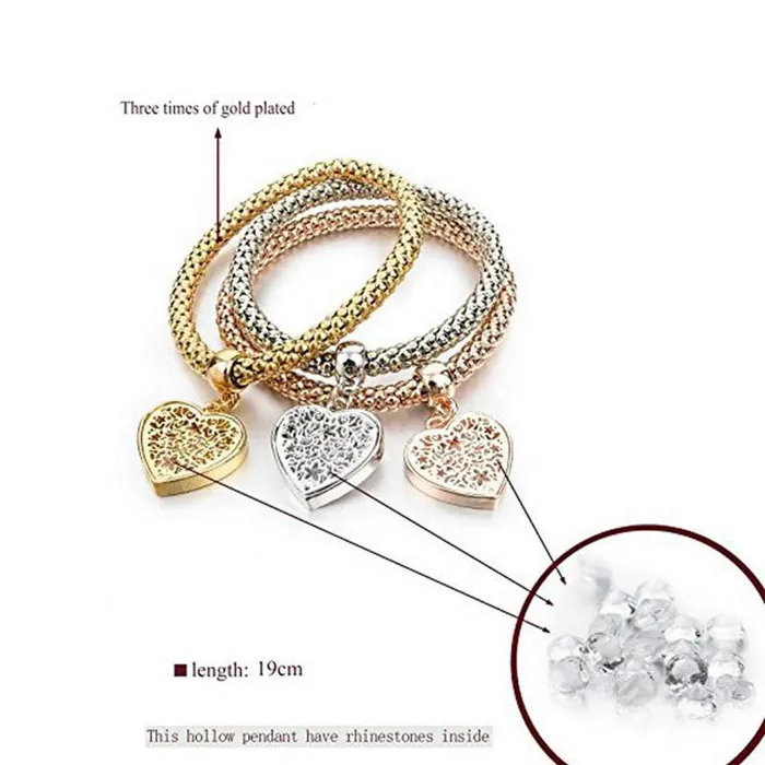 Yellow Chimes Yellow Chimes Combo of 3 Pcs Stylish Exclusive Heart Shape Rodium Platinum Plated Stretchable Charm Bracelet for Women Earrings
