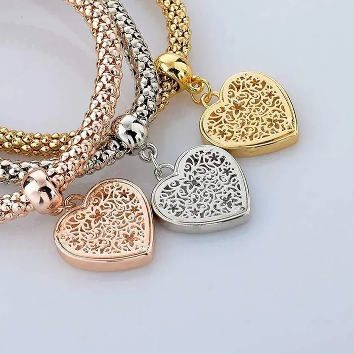 Yellow Chimes Yellow Chimes Combo of 3 Pcs Stylish Exclusive Heart Shape Rodium Platinum Plated Stretchable Charm Bracelet for Women Earrings