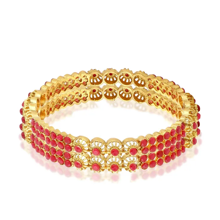 Yellow Chimes Yellow Chimes Designer Ruby Stones 2 PC Bangle Set Traditional Gold Plated Bangles for Women and Girls 28 PreStyled Sets