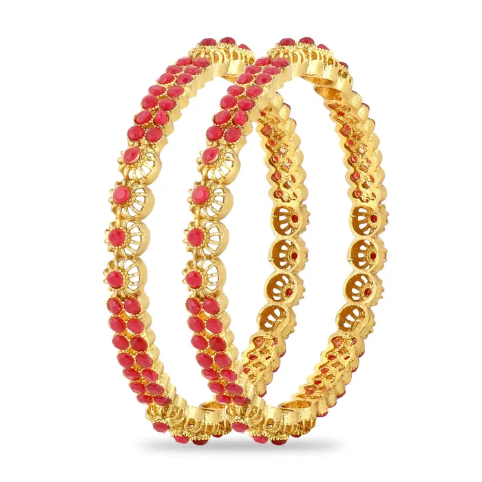 Yellow Chimes Yellow Chimes Designer Ruby Stones 2 PC Bangle Set Traditional Gold Plated Bangles for Women and Girls 28 PreStyled Sets