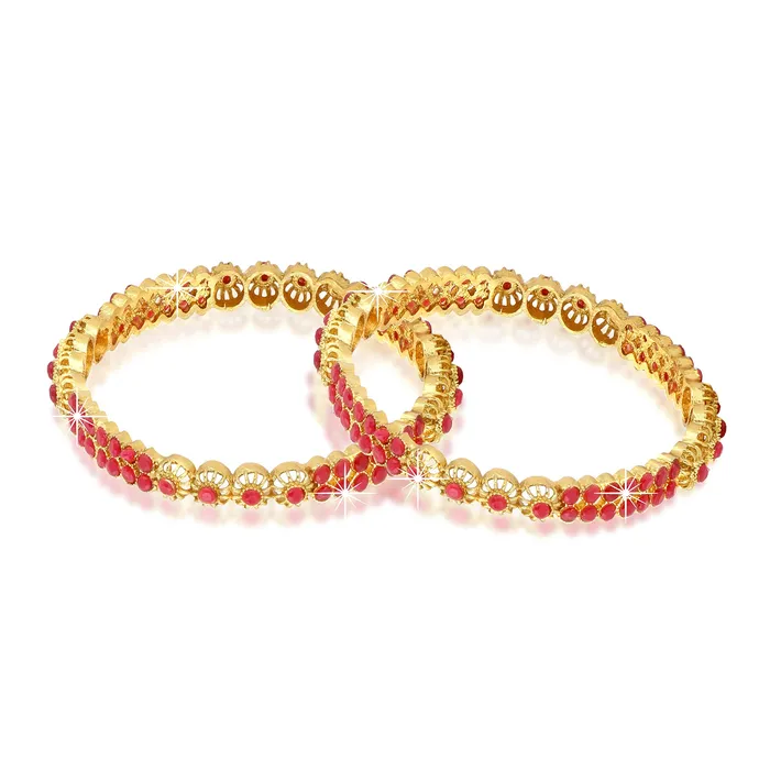 Yellow Chimes Yellow Chimes Designer Ruby Stones 2 PC Bangle Set Traditional Gold Plated Bangles for Women and Girls 28 PreStyled Sets