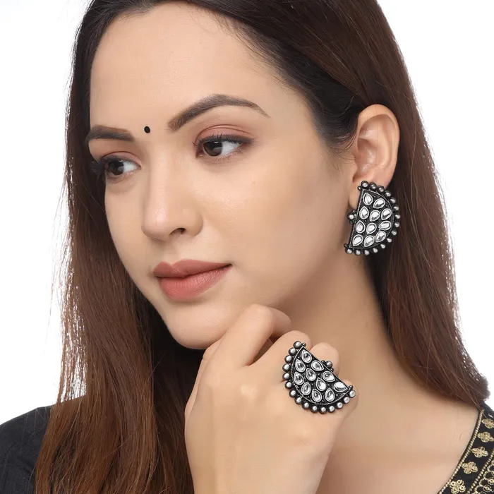 Yellow Chimes Yellow Chimes Earrings for Women and Girls Traditional White Stone Studded Silver Oxidised StudsGerman SilverBirthday Gift For girls and women Anniversary Gift for Wife Necklaces