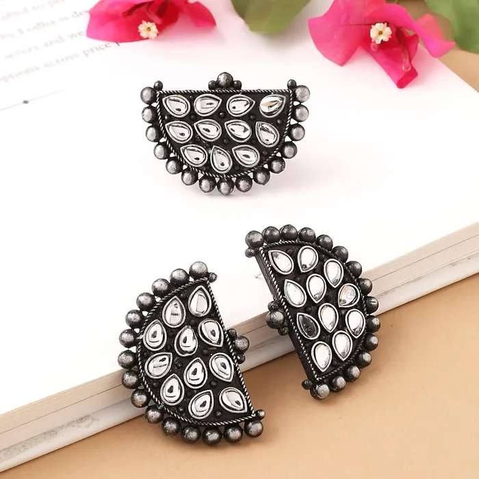 Yellow Chimes Yellow Chimes Earrings for Women and Girls Traditional White Stone Studded Silver Oxidised StudsGerman SilverBirthday Gift For girls and women Anniversary Gift for Wife Necklaces