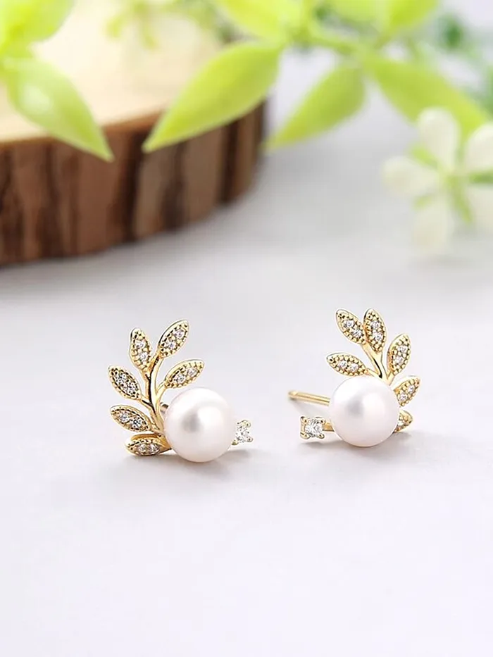 Yellow Chimes Yellow Chimes Earrings For Women Gold Tone Leaflet Designed Pearl Studded Stud Earrings For Women and Girls Necklaces