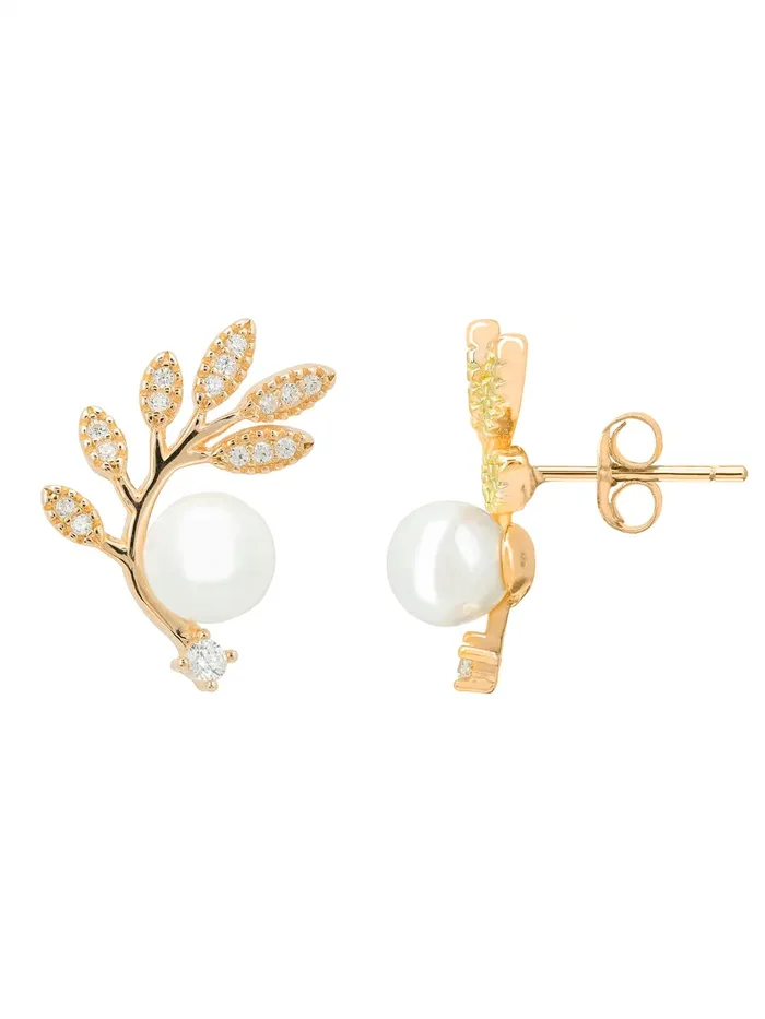Yellow Chimes Yellow Chimes Earrings For Women Gold Tone Leaflet Designed Pearl Studded Stud Earrings For Women and Girls Necklaces