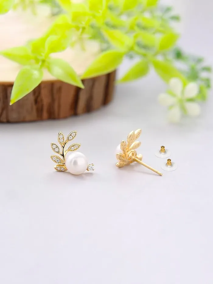 Yellow Chimes Yellow Chimes Earrings For Women Gold Tone Leaflet Designed Pearl Studded Stud Earrings For Women and Girls Necklaces