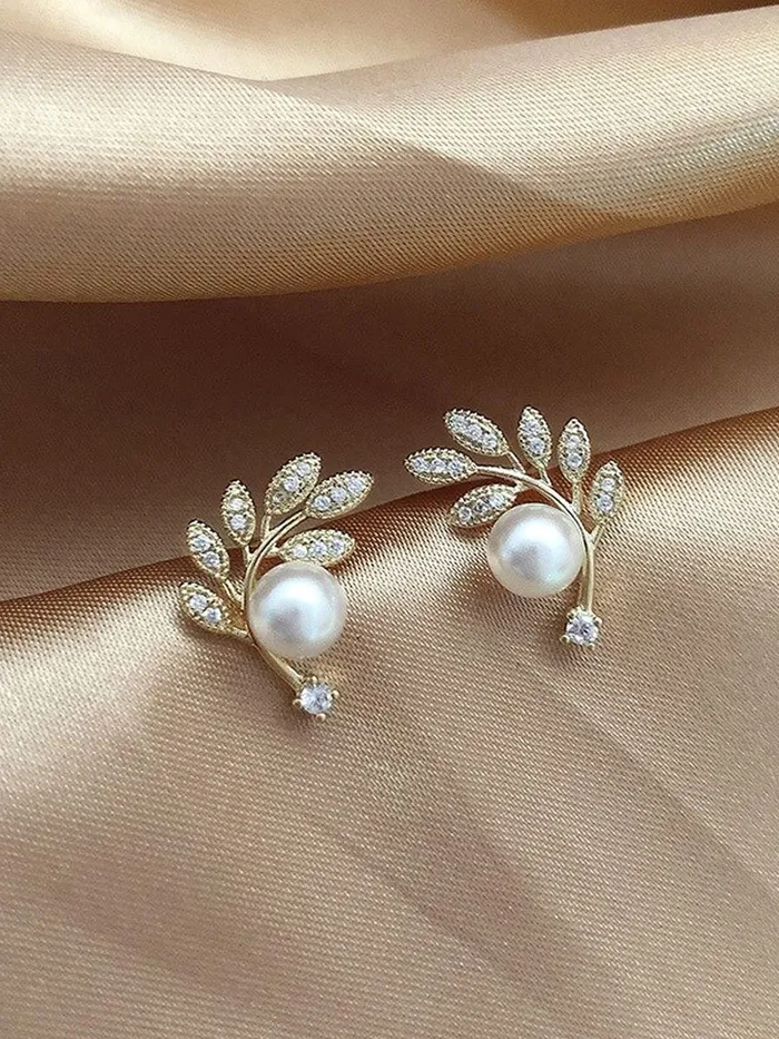 Yellow Chimes Yellow Chimes Earrings For Women Gold Tone Leaflet Designed Pearl Studded Stud Earrings For Women and Girls Necklaces