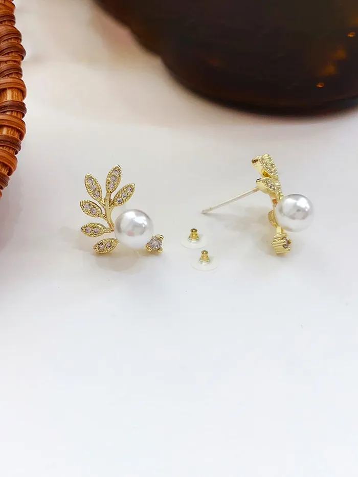 Yellow Chimes Yellow Chimes Earrings For Women Gold Tone Leaflet Designed Pearl Studded Stud Earrings For Women and Girls Necklaces