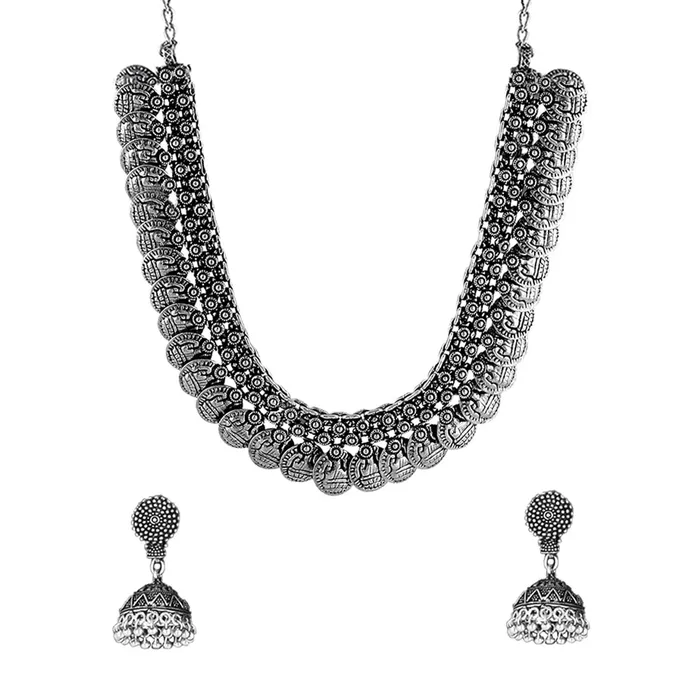 Yellow Chimes Yellow Chimes Ethnic German Silver Oxidised Coin Designed Choker Necklace Set with Earrings Traditional Jewellery Set for Women and Girls Earrings Yellow Chimes Yellow Chimes Ethnic German Silver Oxidised Coin Designed Choker Necklace Set with Earrings Traditional Jewellery Set for Women and Girls Earrings