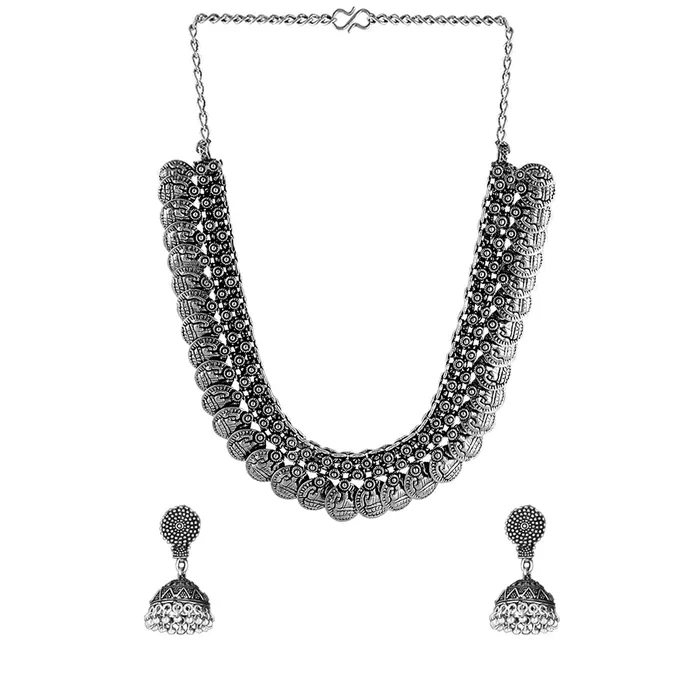 Yellow Chimes Yellow Chimes Ethnic German Silver Oxidised Coin Designed Choker Necklace Set with Earrings Traditional Jewellery Set for Women and Girls Earrings