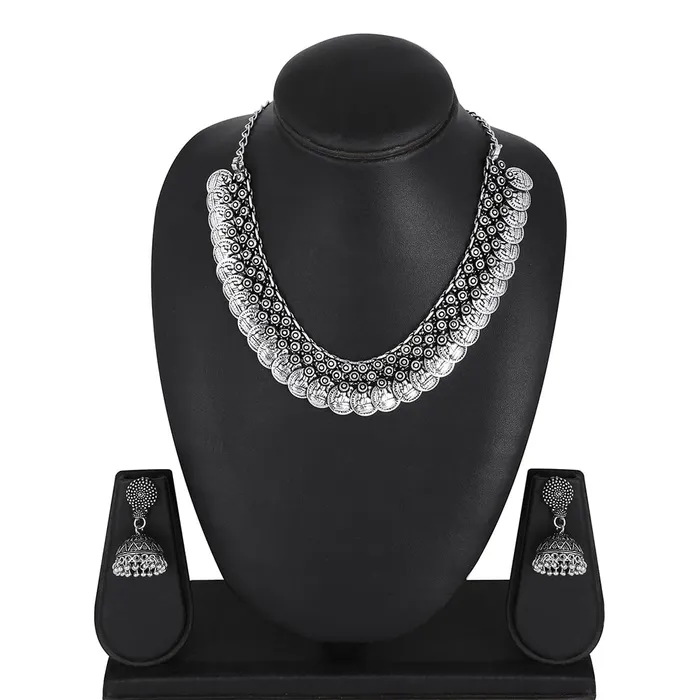 Yellow Chimes Yellow Chimes Ethnic German Silver Oxidised Coin Designed Choker Necklace Set with Earrings Traditional Jewellery Set for Women and Girls Earrings