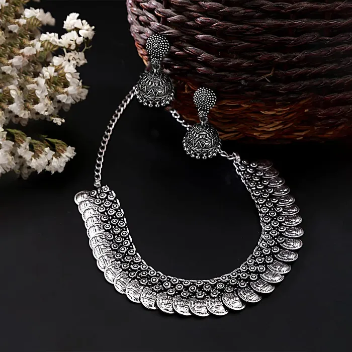 Yellow Chimes Yellow Chimes Ethnic German Silver Oxidised Coin Designed Choker Necklace Set with Earrings Traditional Jewellery Set for Women and Girls Earrings