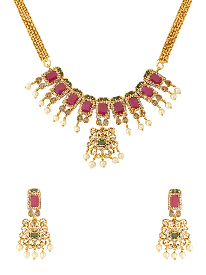 Yellow Chimes Yellow Chimes Jewellery Set For Women Gold Tone CZ ADAmerican Diamond Studded Pearl Hanging Bridal Traditional Choker Necklace Set For Women and Girls Rings