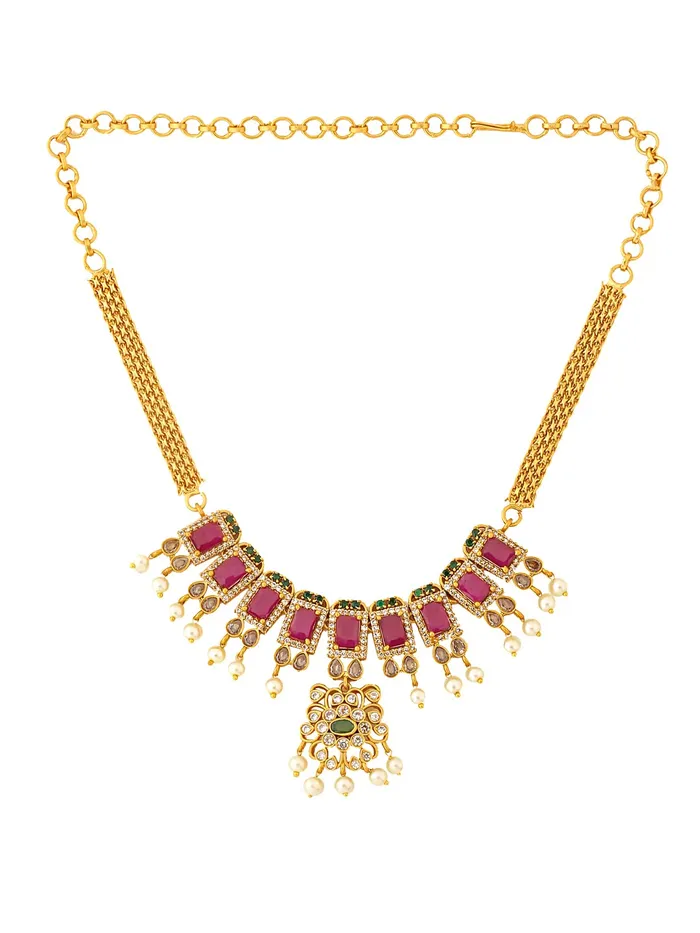 Yellow Chimes Yellow Chimes Jewellery Set For Women Gold Tone CZ ADAmerican Diamond Studded Pearl Hanging Bridal Traditional Choker Necklace Set For Women and Girls Rings