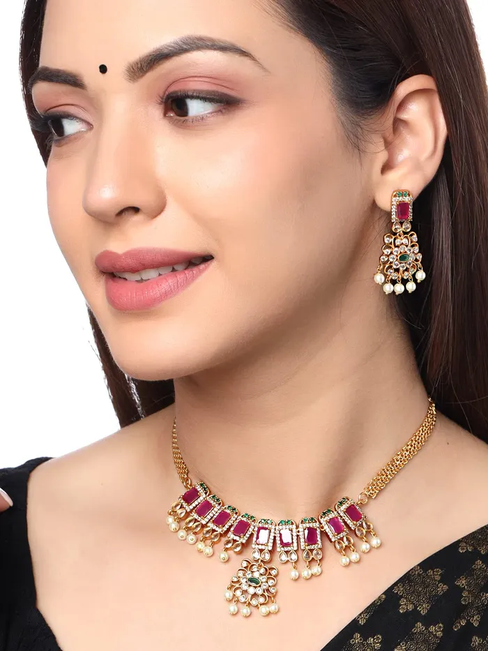 Yellow Chimes Yellow Chimes Jewellery Set For Women Gold Tone CZ ADAmerican Diamond Studded Pearl Hanging Bridal Traditional Choker Necklace Set For Women and Girls Rings