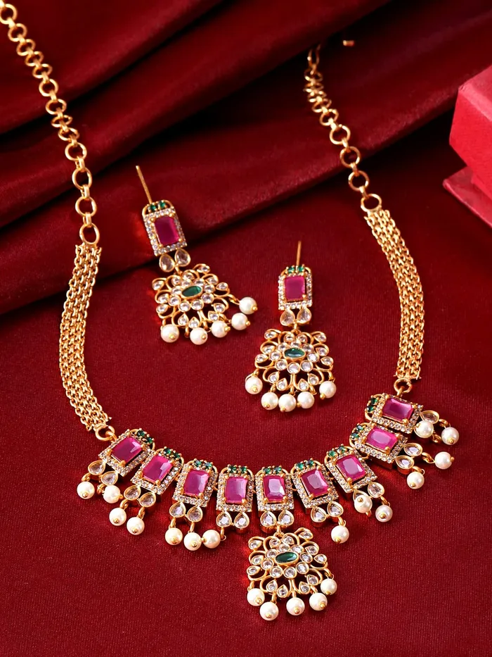 Yellow Chimes Yellow Chimes Jewellery Set For Women Gold Tone CZ ADAmerican Diamond Studded Pearl Hanging Bridal Traditional Choker Necklace Set For Women and Girls Rings