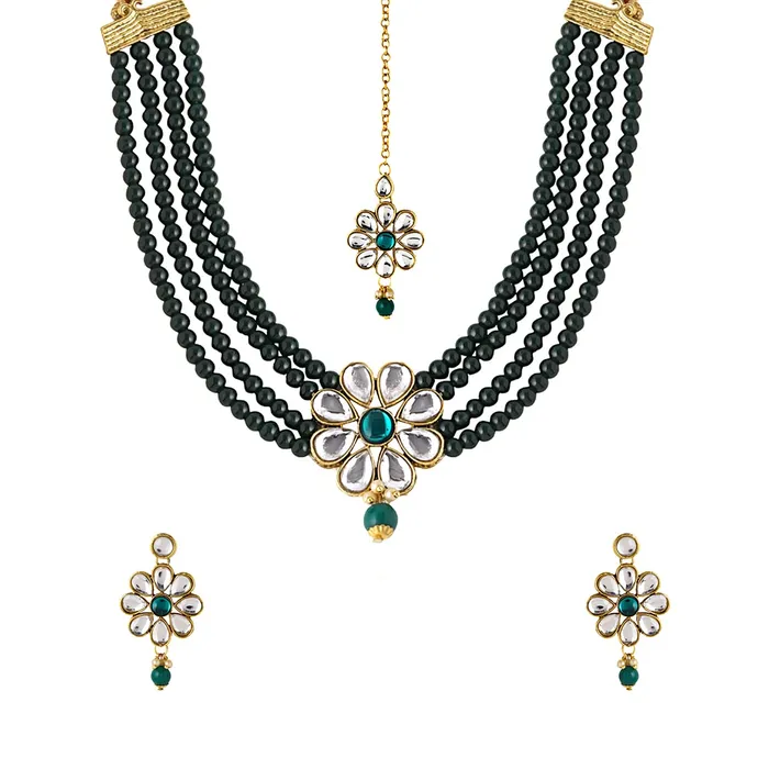 Yellow Chimes Yellow Chimes Jewellery Set Green Beads Floral Charm Kundan Studded Beads Drop Neckalce Set with Earrings Maangtikka for Women and Girls Necklaces Yellow Chimes Yellow Chimes Jewellery Set Green Beads Floral Charm Kundan Studded Beads Drop Neckalce Set with Earrings Maangtikka for Women and Girls Necklaces