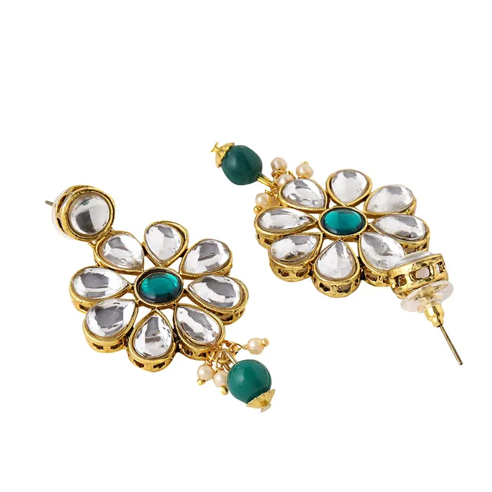 Yellow Chimes Yellow Chimes Jewellery Set Green Beads Floral Charm Kundan Studded Beads Drop Neckalce Set with Earrings Maangtikka for Women and Girls Necklaces