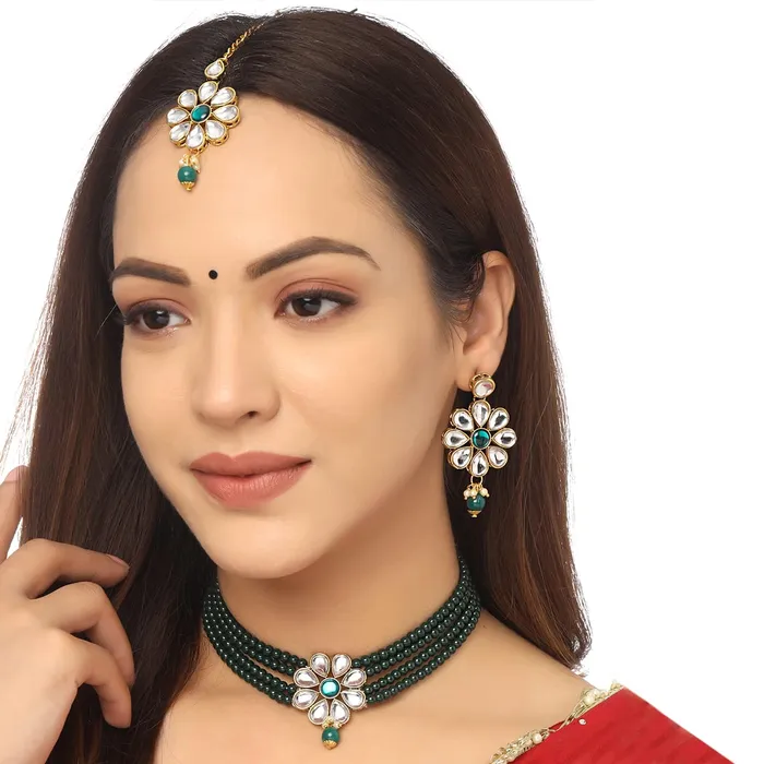 Yellow Chimes Yellow Chimes Jewellery Set Green Beads Floral Charm Kundan Studded Beads Drop Neckalce Set with Earrings Maangtikka for Women and Girls Necklaces