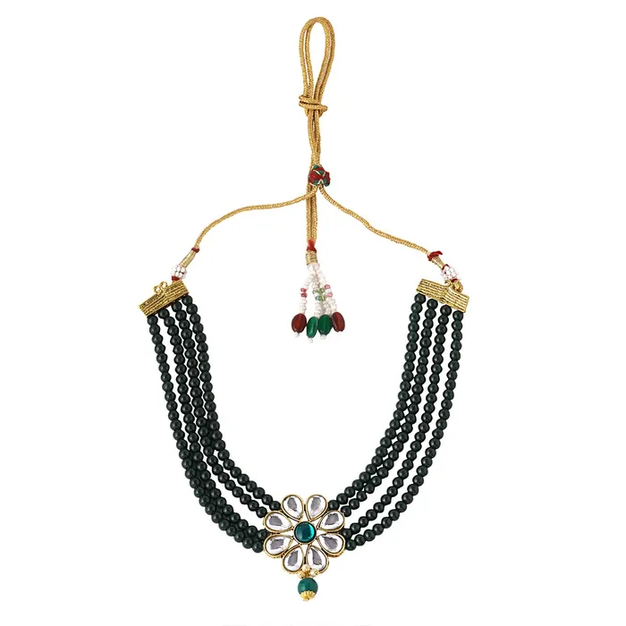 Yellow Chimes Yellow Chimes Jewellery Set Green Beads Floral Charm Kundan Studded Beads Drop Neckalce Set with Earrings Maangtikka for Women and Girls Necklaces