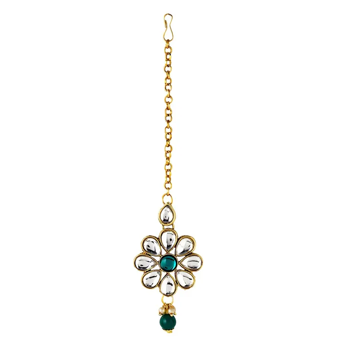 Yellow Chimes Yellow Chimes Jewellery Set Green Beads Floral Charm Kundan Studded Beads Drop Neckalce Set with Earrings Maangtikka for Women and Girls Necklaces