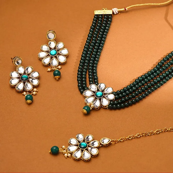 Yellow Chimes Yellow Chimes Jewellery Set Green Beads Floral Charm Kundan Studded Beads Drop Neckalce Set with Earrings Maangtikka for Women and Girls Necklaces