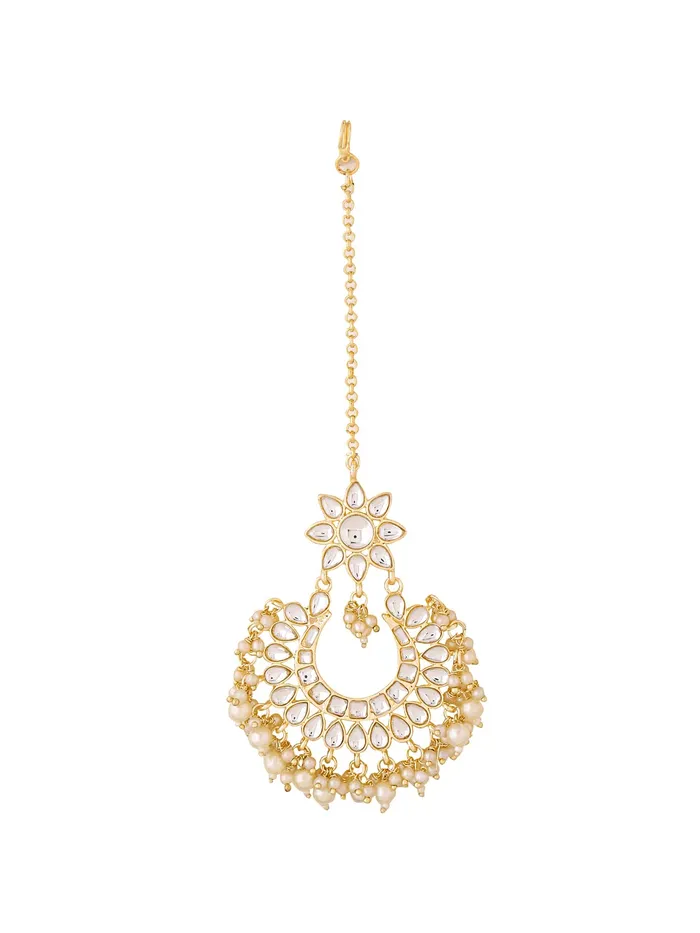 Yellow Chimes Yellow Chimes Maang Tikka for Women Gold Toned Kundan Studded Beads Drop Chandbali Designed Maang Tikka for Women and Girls Earrings