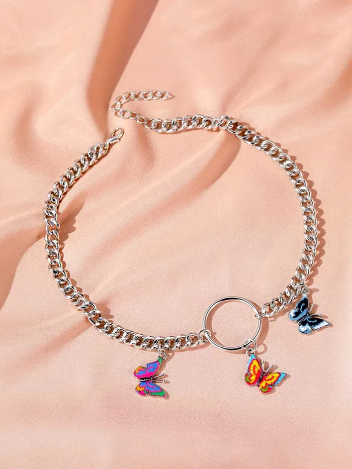 Yellow Chimes Yellow Chimes Necklace For Women Silver Tone Linked Chain With Multicolor Three Butterfly Charm Hanging Necklace For Women and Girls Necklaces