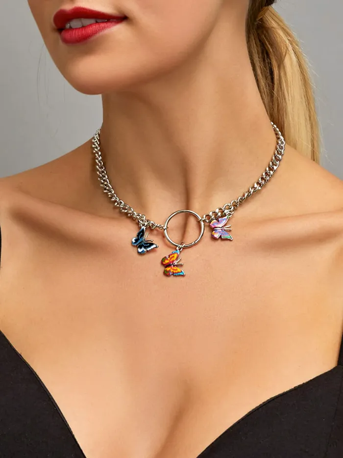 Yellow Chimes Yellow Chimes Necklace For Women Silver Tone Linked Chain With Multicolor Three Butterfly Charm Hanging Necklace For Women and Girls Necklaces