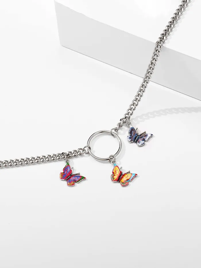 Yellow Chimes Yellow Chimes Necklace For Women Silver Tone Linked Chain With Multicolor Three Butterfly Charm Hanging Necklace For Women and Girls Necklaces