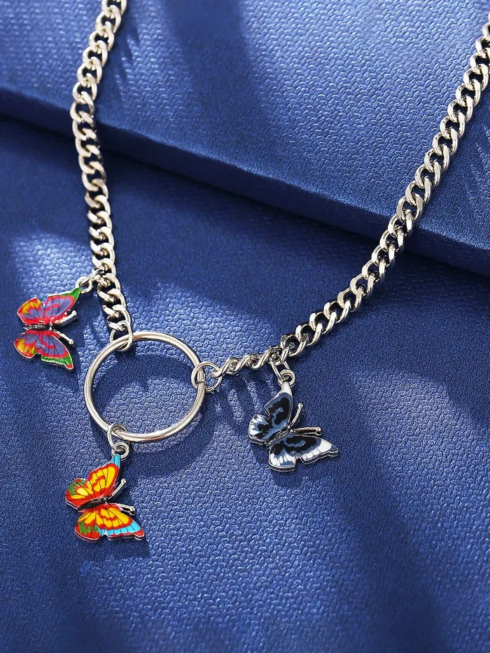 Yellow Chimes Yellow Chimes Necklace For Women Silver Tone Linked Chain With Multicolor Three Butterfly Charm Hanging Necklace For Women and Girls Necklaces
