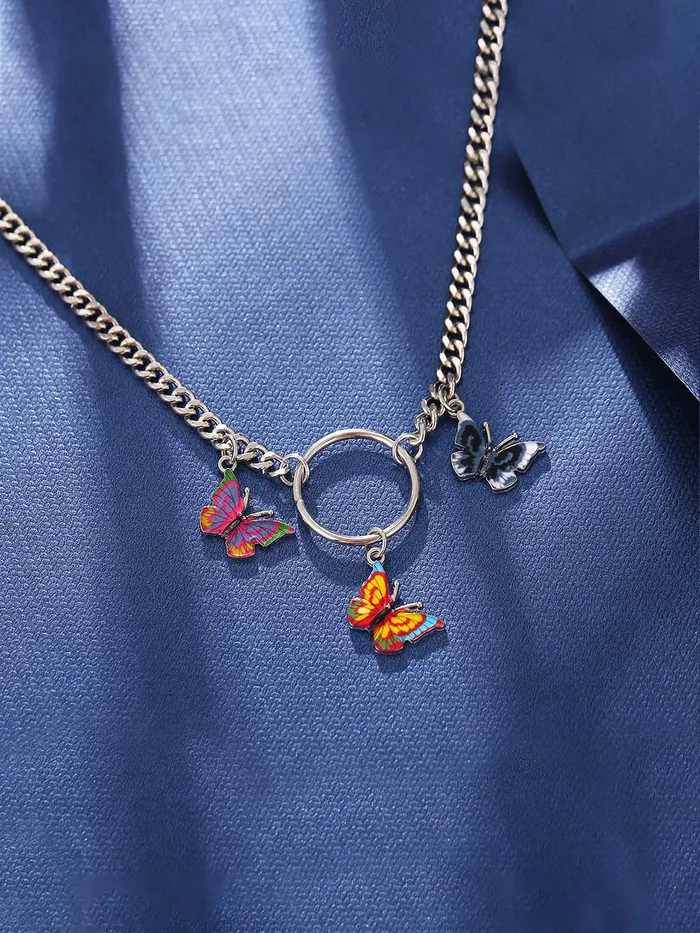 Yellow Chimes Yellow Chimes Necklace For Women Silver Tone Linked Chain With Multicolor Three Butterfly Charm Hanging Necklace For Women and Girls Necklaces